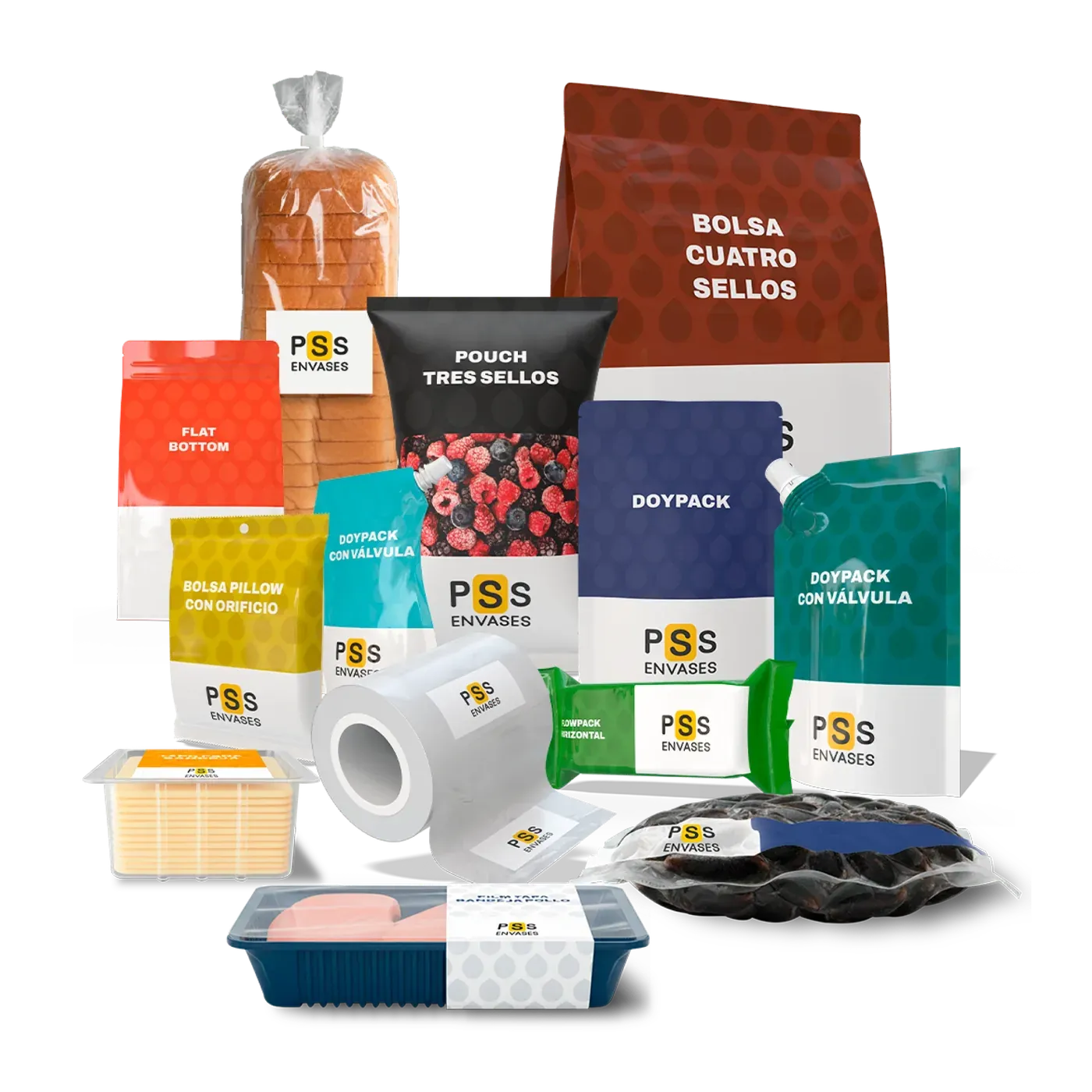Familia de envases PSS: doypack, pouch, flowpack, bolsas y film